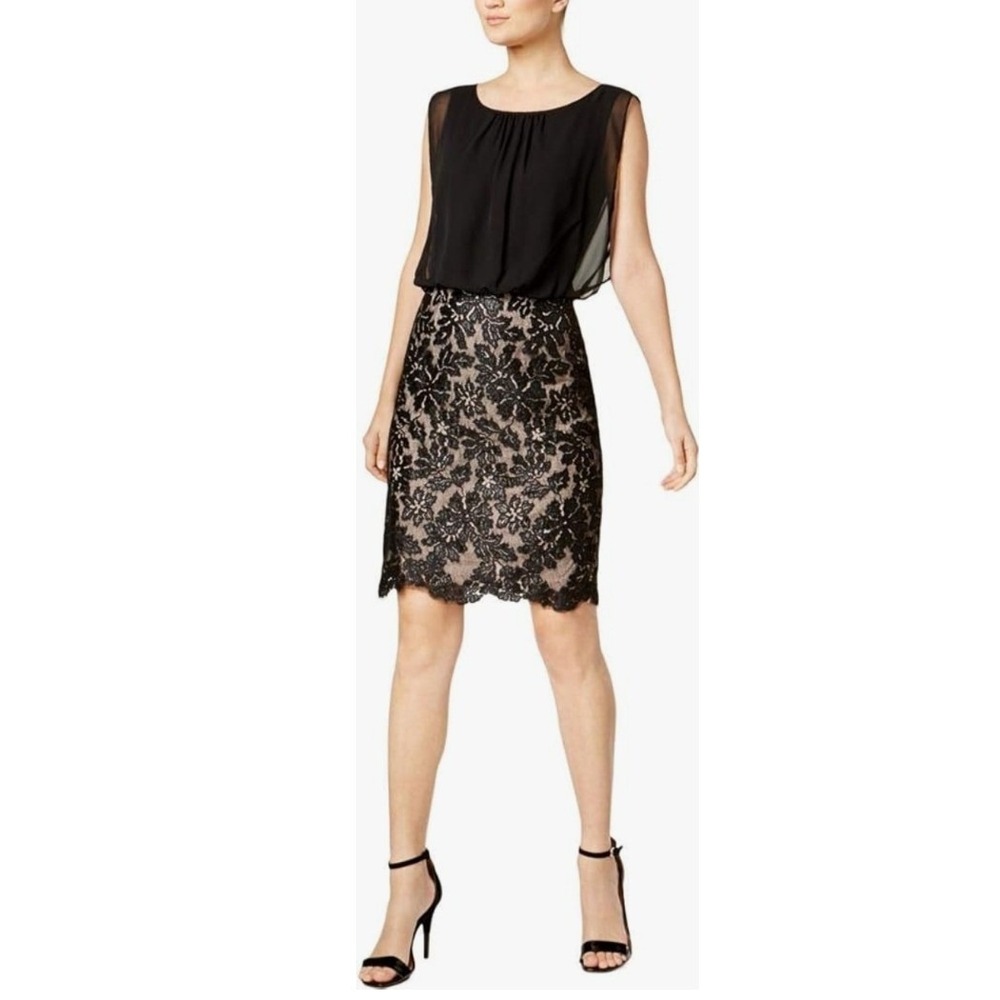 Calvin Klein Black Floral Lace Chiffon Blouson Cocktail Dress Size‎ 4 NWT $110